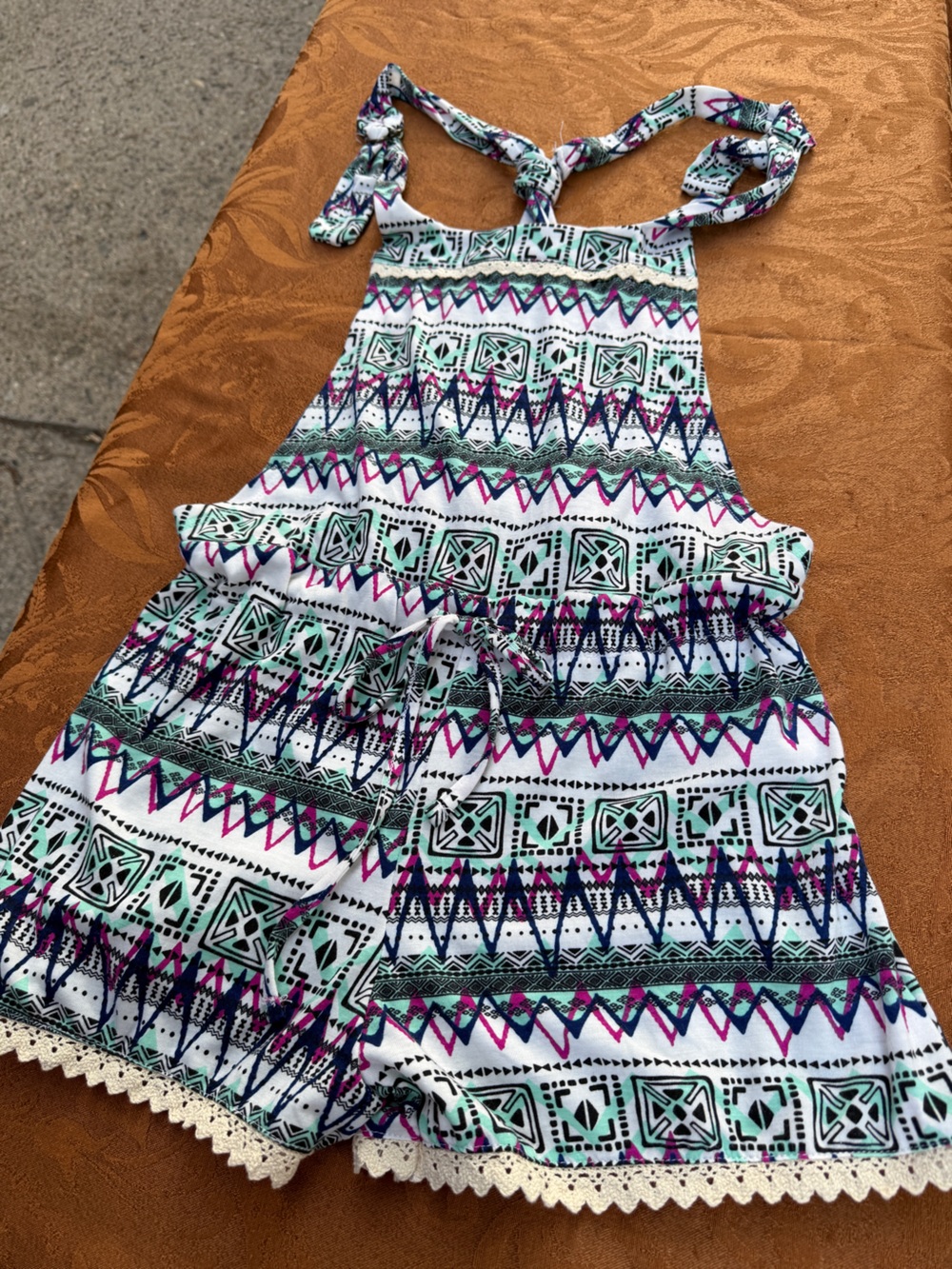 Love Tree Strapless Romper in White with Teal, Magenta & Navy Accents